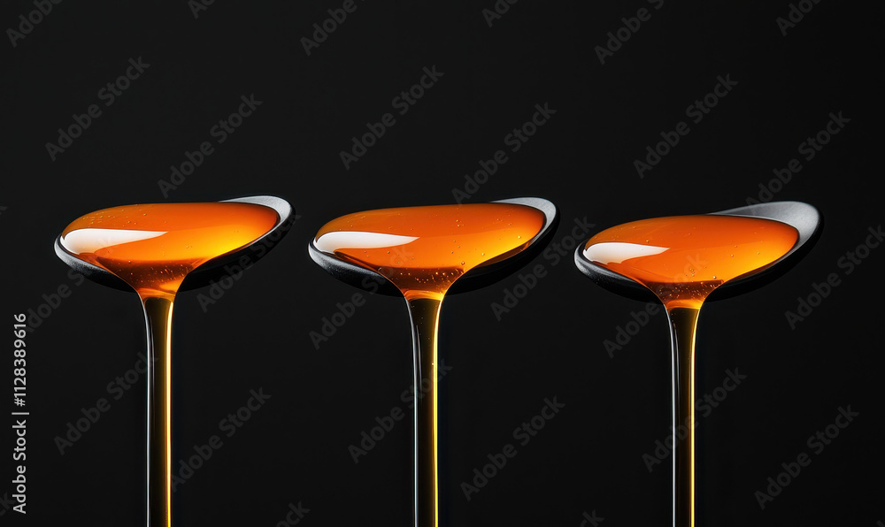 Poster elegant honey drizzle: captivating visual of three golden streams flowing gracefully from spoons in 
