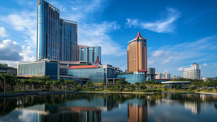 Naklejka premium abstract modern construction of cityscape with buildings, modern interior architectural various building, abstract modern showcasing a vibrant cityscape with modern architecture.