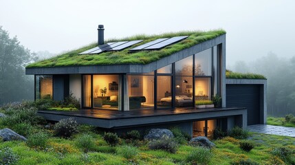 Obraz premium a single family home s roof with a heat pump and solar panels mounted on it as well as a grassy green roof covering the garage rende