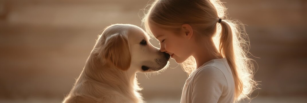 A heartwarming scene of a child and a dog sharing an affectionate moment, capturing the innocence and bond of friendship that transcends words and reflects pure joy.