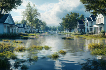 Obraz premium Flooded neighborhood with houses surrounded by rising water and vegetation. Generative AI