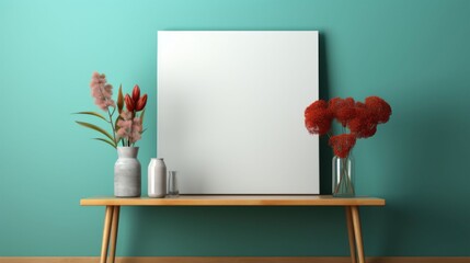 A white framed picture sits on a wooden table next to a vase of red flowers