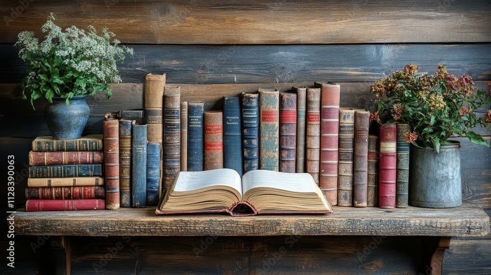Poster a straightforward arrangement of numerous books one open with copy space and a stack or pile of book