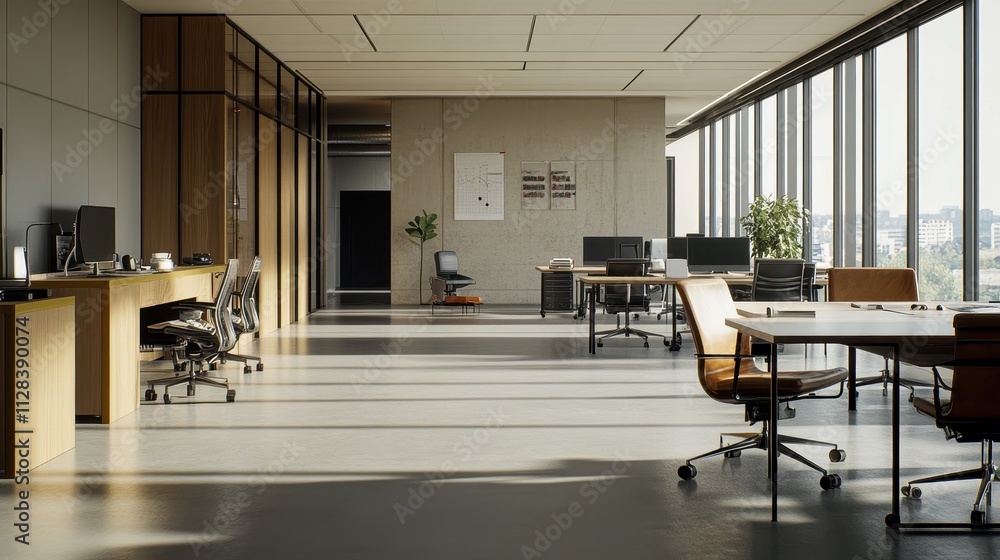 Poster minimalist modern open office workspace with large windows