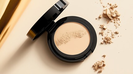 A compact body shimmer powder styled with subtle golden props