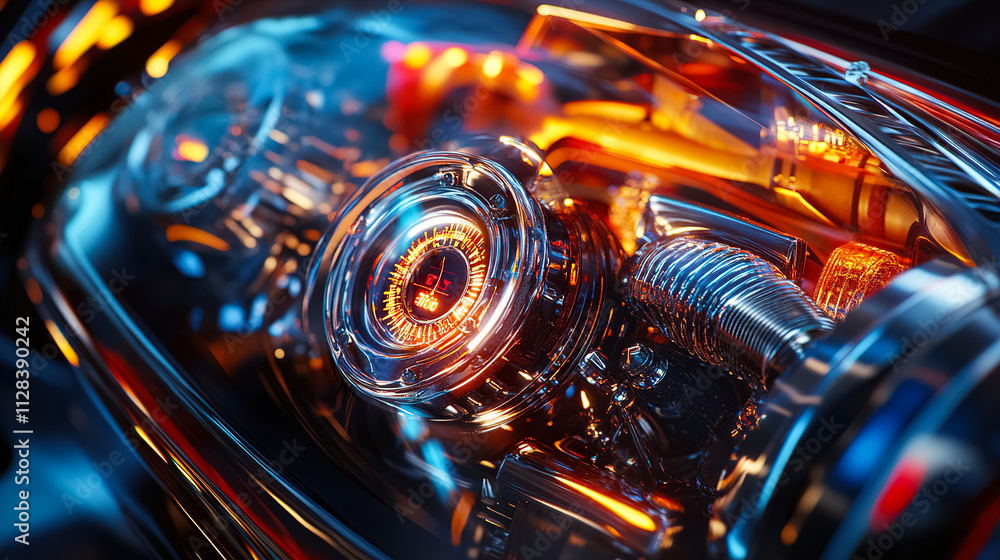 Poster close-up view of an intricate car engine with vibrant colors showcasing advanced technology and desi