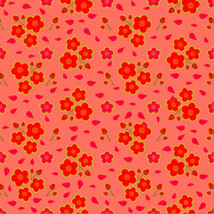 seamless pattern with red plum blossom on light red background.