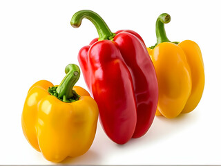 Ripe red, yellow, and orange bell peppers, isolated on white background, are healthy, fresh vegetables perfect for any diet