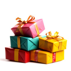 Colorful wrapped presents stacked together for a festive occasion.
