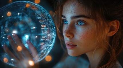 Naklejka premium a woman with brown hair and blue eyes touches an abstract holographic sphere displaying data graphs on its glass surface with blurred dots of light in the backgroun