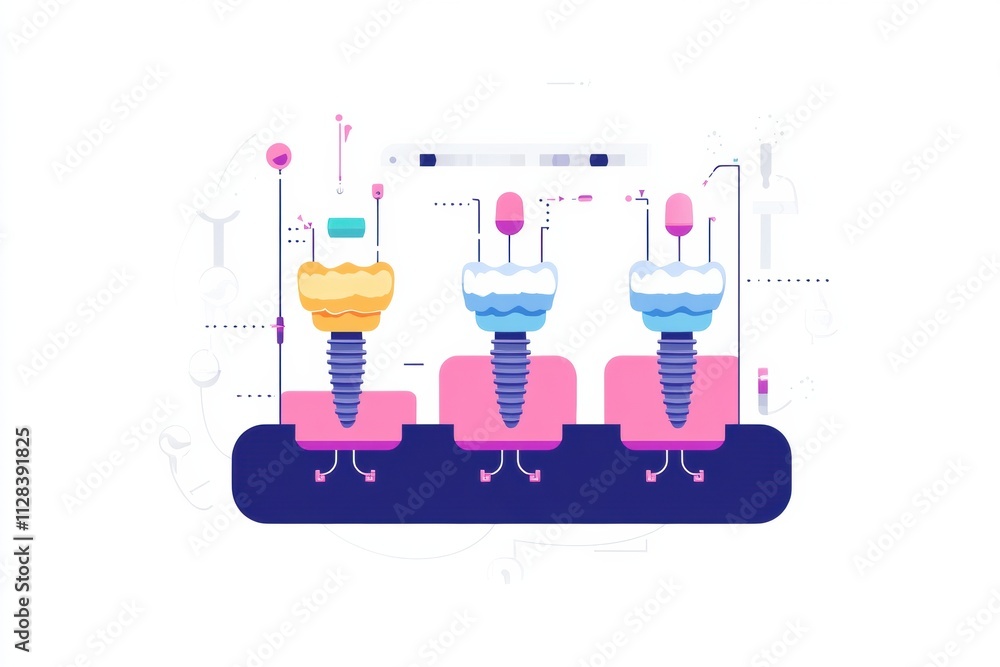 Poster illustration showing the sequential stages of dental implant placement, highlighting key components 