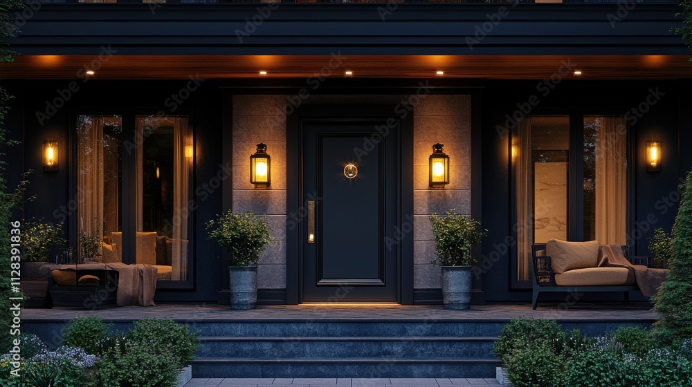 Poster above the door an outdoor led light with a motion sensor detects movement safety concep