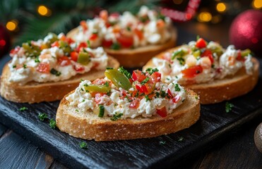 Small Toasts with Cream Cheese and Pickled Peppers on Black Wooden Board