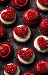 Red Velvet Cookies with Heart Decorations for Valentines Day