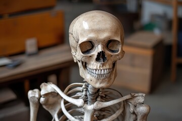 Human skeleton model displayed in an educational environment with wooden backgrounds