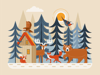 Scandinavian Forest Wildlife Scene with Animals and Birds