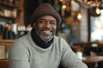 A happy mature African American man smiles warmly in a cozy coffee shop setting.