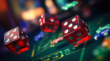 Exciting moment at the casino with rolling dice and vibrant chips on the gaming table. Generative AI