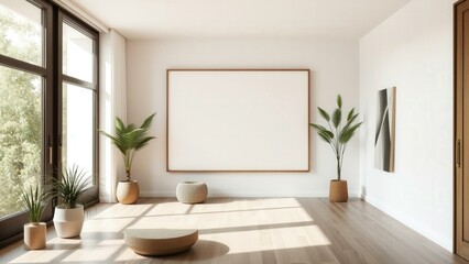 Fototapeta premium Modern Minimalist Living Room with Large Window and Indoor Plants