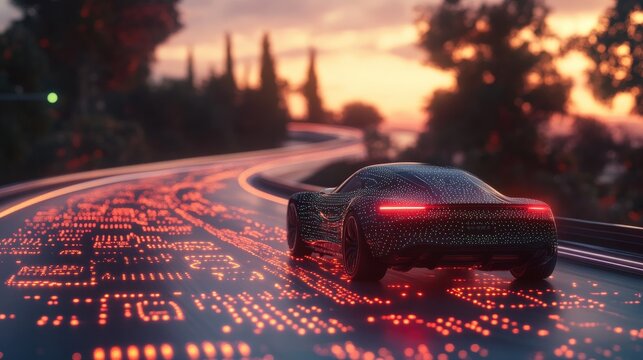Futuristic and calming highway scene featuring a car surrounded by softly glowing safety icons (ABS, ASR, ESP, EBD, TCS, Hill Holder, and Driver Fatigue Detection). 