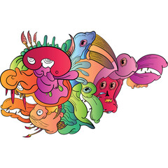 Colorful Doodle Art Design.Hand draw Monster, skull, eyes, smile . coloring page. can be use for background, web, sticker and poster