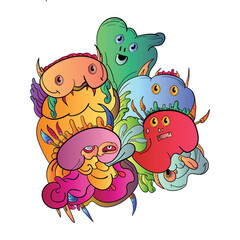 Colorful Doodle Art Design.Hand draw Monster, skull, eyes, smile . coloring page. can be use for background, web, sticker and poster