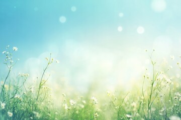 Fototapeta premium Serene field of delicate white wildflowers under a soft bright blue sky.