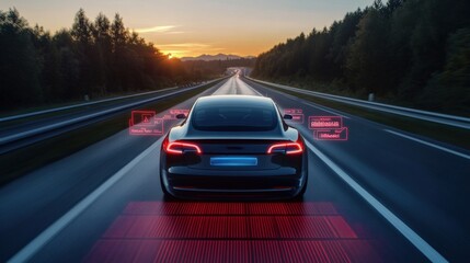 Fototapeta premium Futuristic and calming highway scene featuring a car surrounded by softly glowing safety icons (ABS, ASR, ESP, EBD, TCS, Hill Holder, and Driver Fatigue Detection). 