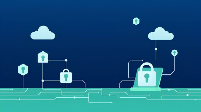 secure cloud computing represented with padlocks, shields, and abstract digital connections in blue tones