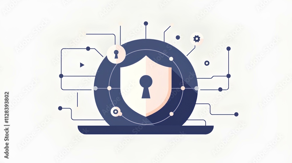 Poster futuristic lock icon surrounded by network elements, demonstrating connected systems and cyber safet