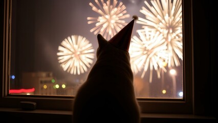 Cat in Party Hat Watching Fireworks - Perfect for New Year's Eve, Celebrations, and Festive Occasions