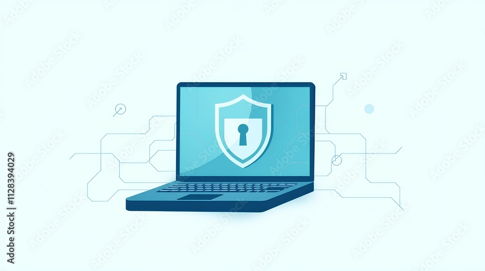 Poster laptop displaying shield and keyhole, representing enhanced security systems for personal devices