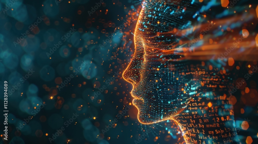 Poster orange and blue particles and numbers flowing from a digital human face represent artificial intelli