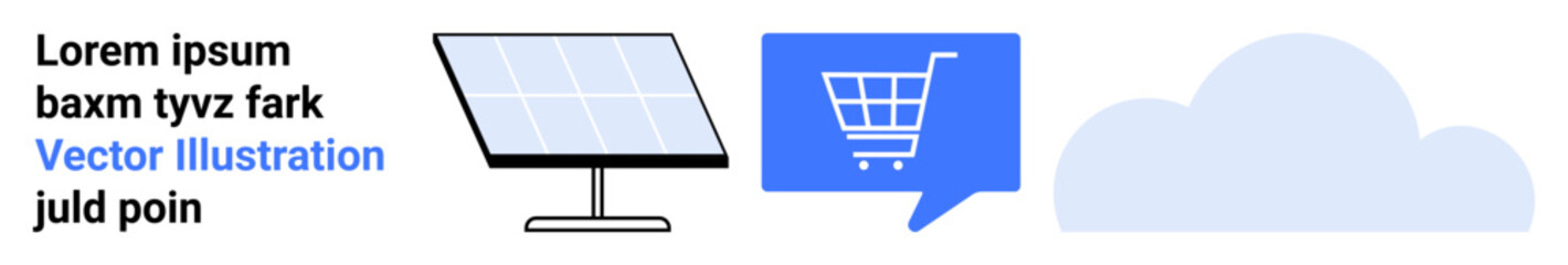 Solar panel, blue shopping cart inside a speech bubble, and cloud combined in a minimalist design. Ideal for online shopping, renewable energy, cloud computing, ecommerce, sustainability, technology