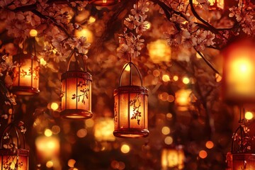 Lanterns in various sizes, hanging among cherry blossom branches