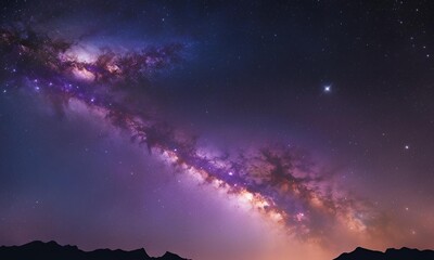 Naklejka premium A breathtaking nightscape captures the Milky Way galaxy arching across a star-filled sky, its purple and pink hues illuminating the horizon above a silhouetted mountain range.