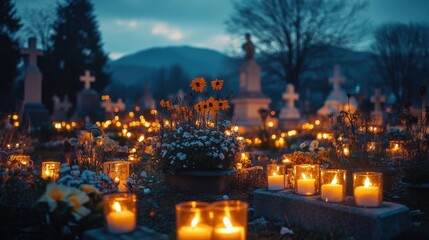 all souls day a peaceful cemetery lit with candles to honor the departed
