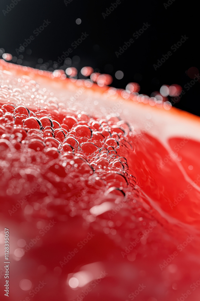 Poster close-up macro view of effervescent bubbles in a vibrant red sparkling drink creating a dynamic and 