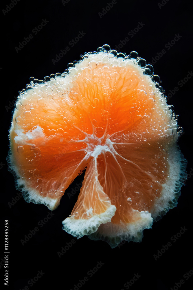 Poster macro shot of a grapefruit slice with sparkling bubbles highlighting freshness and vibrant citrus ap