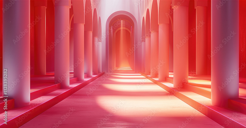 Leinwandbilder the fashion show stage is designed with red wall and light pink floors, featuring an oversized gradi