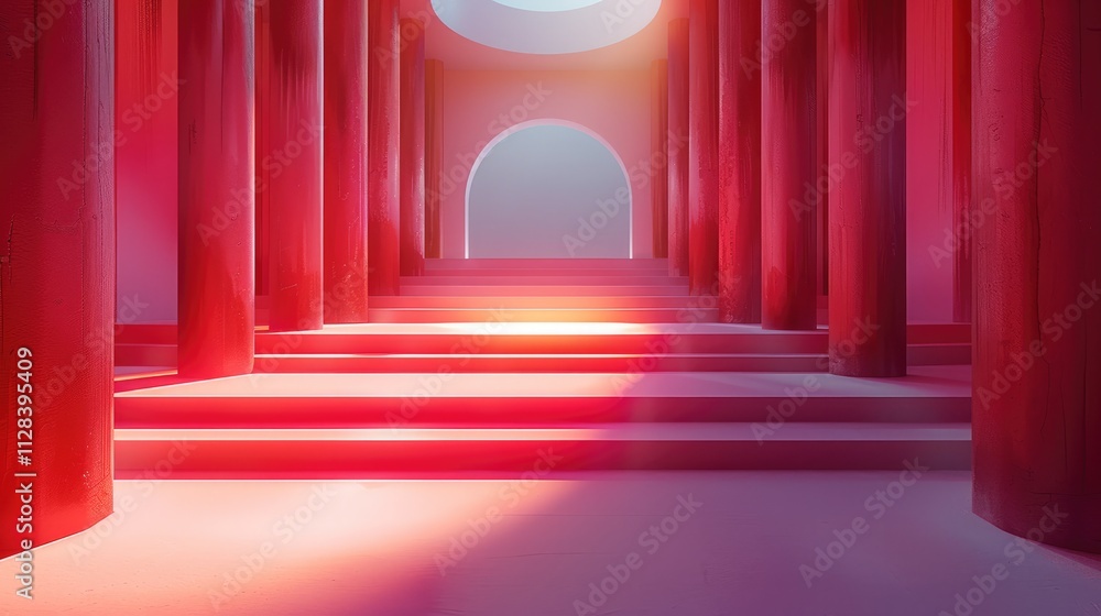 Leinwandbilder the fashion show stage is designed with red wall and light pink floors, featuring an oversized gradi