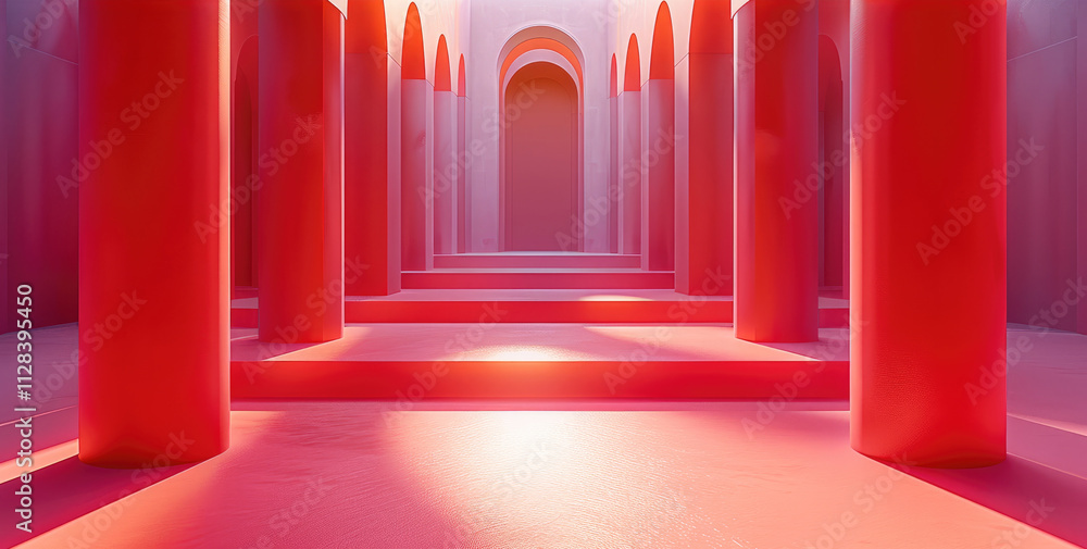 Leinwandbilder the fashion show stage is designed with red wall and light pink floors, featuring an oversized gradi