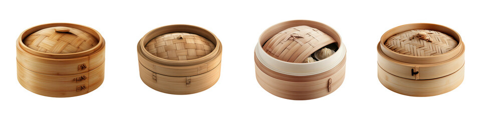 Assortment of Bamboo Steamer Baskets Used for Preparing Traditional Chinese Dim Sum Cuisine in a Restaurant Kitchen or Catering Setting  Showcasing the Essential Cookware for Authentic Asian Food