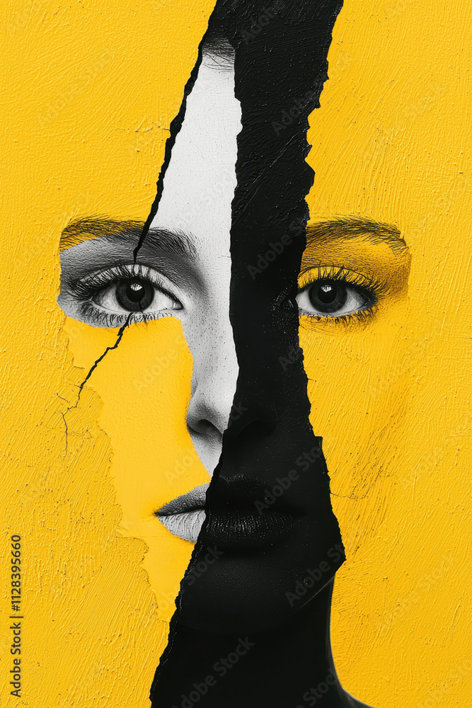 Poster exploring duality and expression: a surreal portrait capturing the fusion of abstract art and vibran
