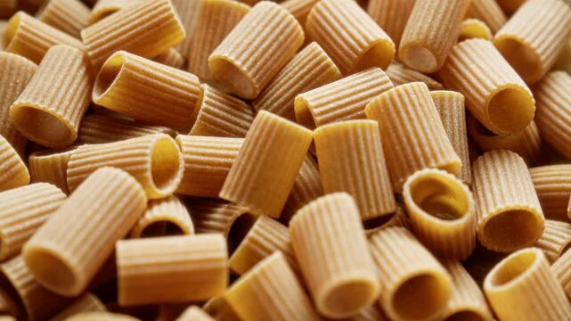 Closeup of uncooked brown pasta tubes stacked, showcasing texture, shape, and rich color ideally suited for appetizing food presentations.