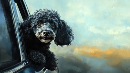 A poodle looking out of a car window against a scenic background.