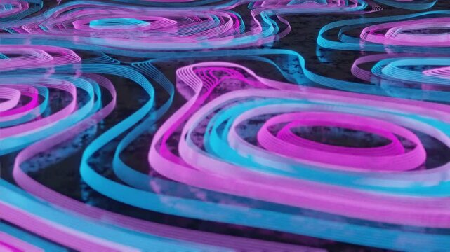 Abstract neon vibrant colorful blue and purple 3d animation background, Represent topography pattern texture, string theory multiverse, quantum physics, sci-fi cyberpunk psychedelic backdrop