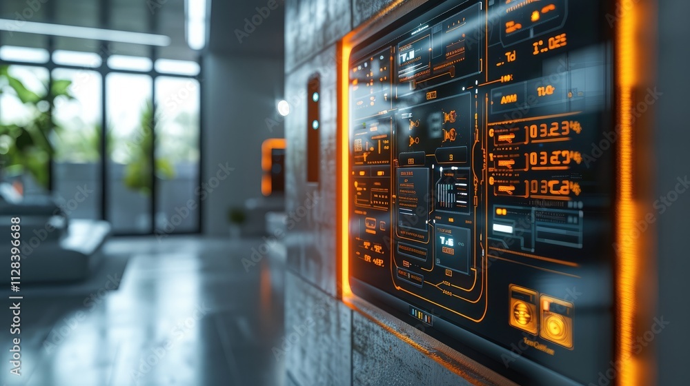 Leinwandbilder visualization of a system controlling a hvac system at house, digital dashboard overlay orange.
