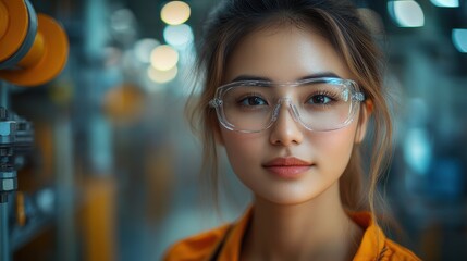 an asian female professional engineer with safety glasses and a workshop in uniform on quality control maintenance in the factory and warehouse for factory operator