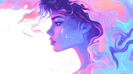 Ethereal Portrait of a Woman with flowing hair in vibrant pastel colors and dreamy background, capturing the essence of beauty and imagination in digital art